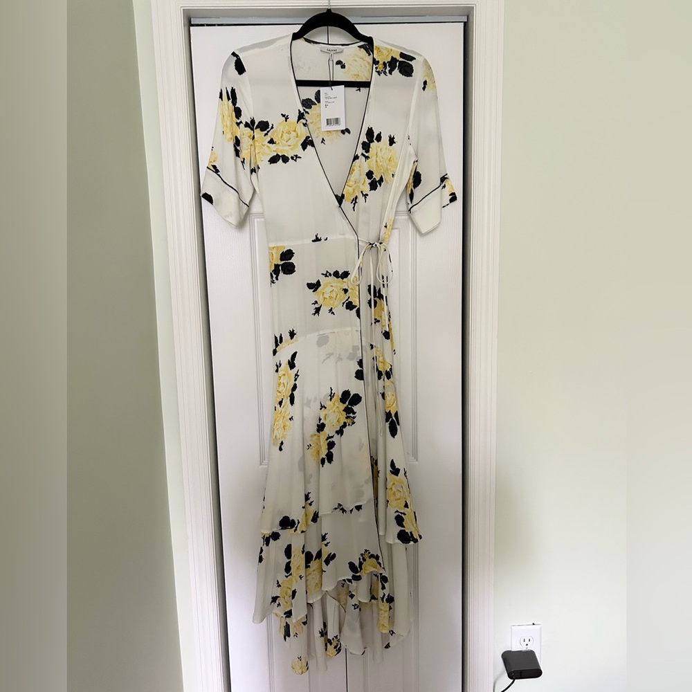 Ganni Cream High Low Wrap Sundress with Flutter Sleeves